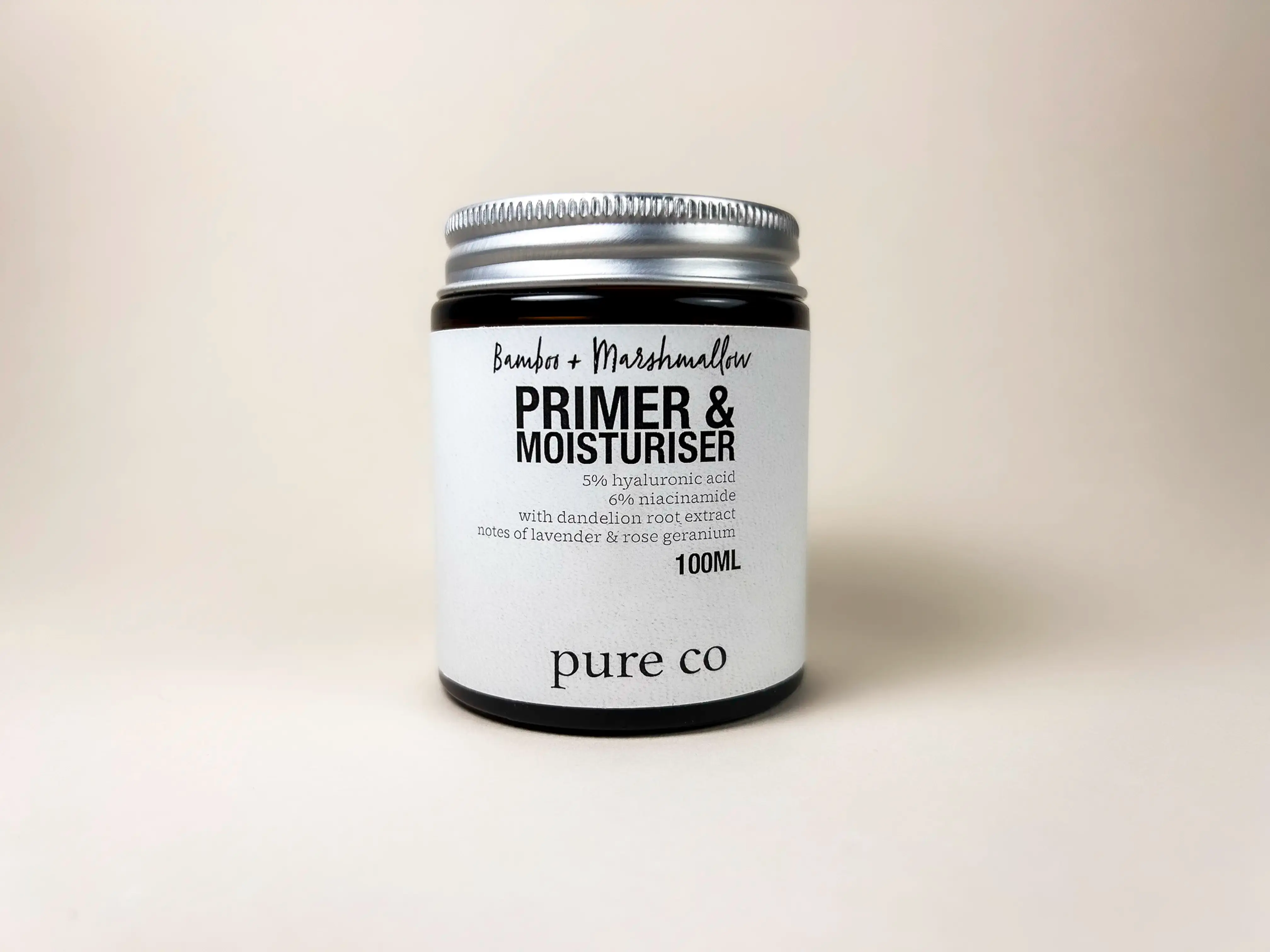 Pure Co Silicone Free Bamboo & Marshmallow Primer & Moisturiser in an amber glass pot