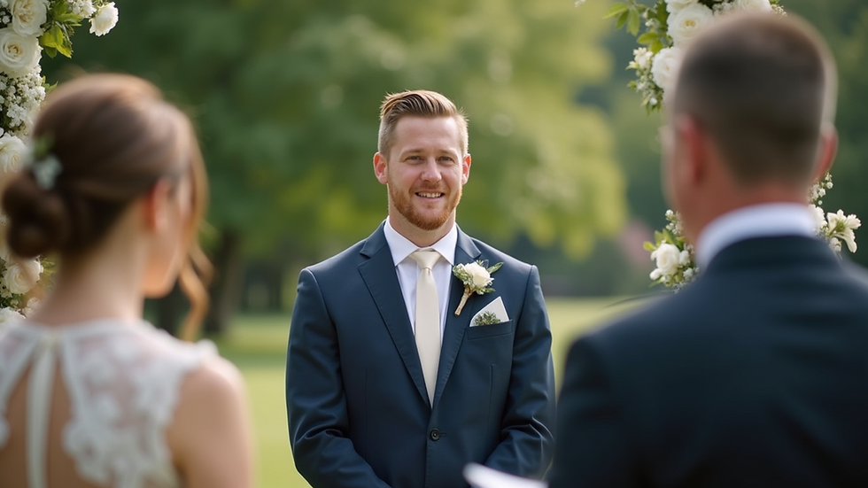 Eye-level view of a wedding celebrant speaking at an outdoor ceremony
