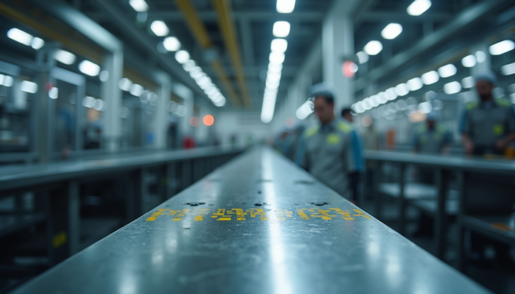 Eye-level view of a manufacturing assembly line with one station visibly slower than others