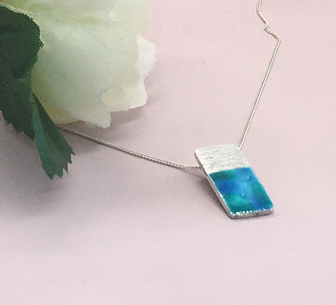 Sterling Silver Enamel Necklace Waterlilies Rectangle Halo