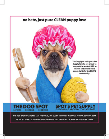 French bulldog in pink shower cap holding a back scrubber and a sponge. Text says: No hate, just pure clean puppy love. The Dog Spot and Spot's Pet Supply. 