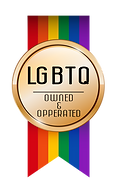 LGBTQ owned and operated ribbon gold emblem with rainbow ribbon behind