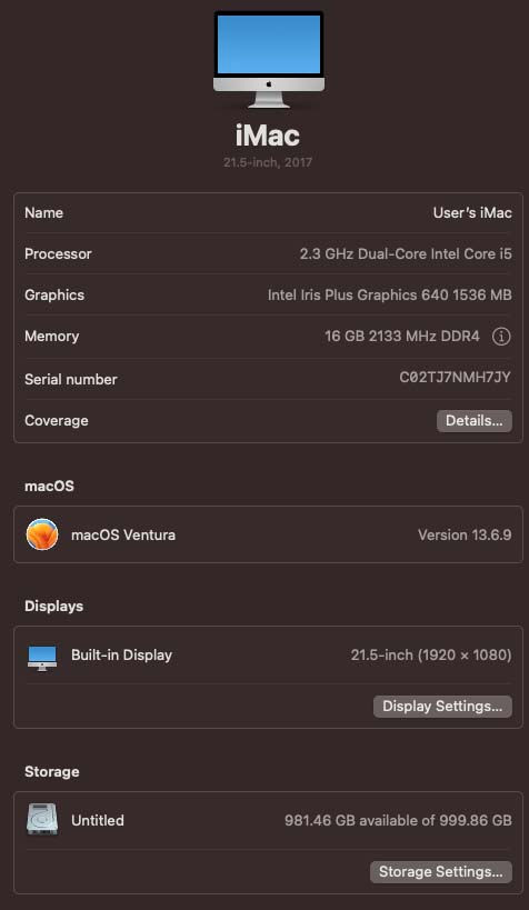 Thumbnail: iMac "Core i5" 2.3 21.5" (Mid-2017) 16GB, 1TB SSD "H91283"