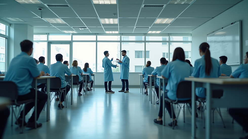 Wide angle view of a modern training facility with students engaged in hands-on learning
