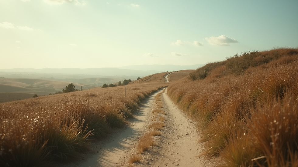 Wide angle view of a serene landscape with a winding path