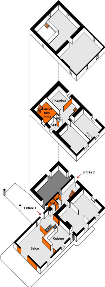 Axonométrie de laa maison avant travaux avec en rouge les démolitions prévues par le projet