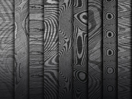Various Damascus steel billet patterns showing layered steel construction for knifemaking