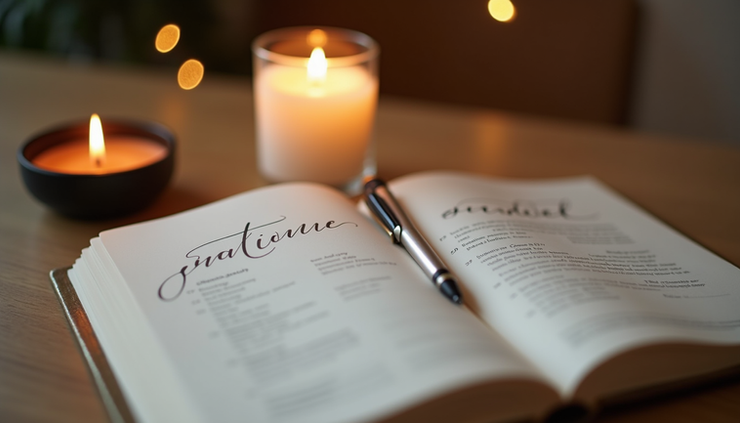 Close-up view of a gratitude journal open with a pen and a lit candle beside it