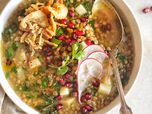 Palestinian Swiss Chard and Lentil Soup with Lemons and Pomegranates