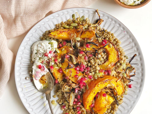 Warm Lentil Salad with Roasted Pumpkins and Cumin Mint Yogurt Dressing