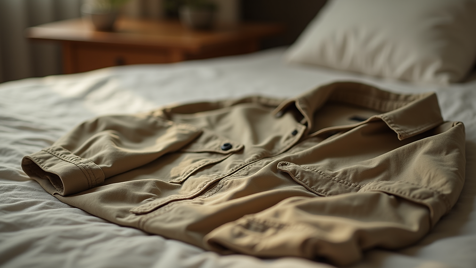 Close-up view of khaki safari clothing laid out on a bed