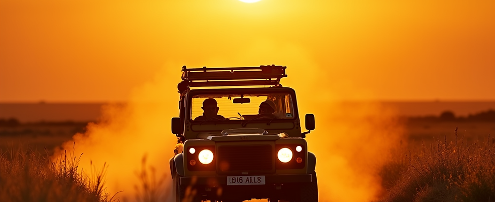 A dynamic action shot of a safari jeep driving through a golden savanna at sunset, capturi