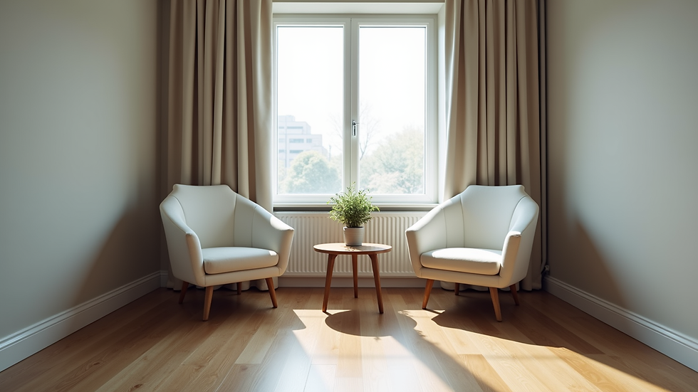 Eye-level view of a counselling room with two chairs and a small table