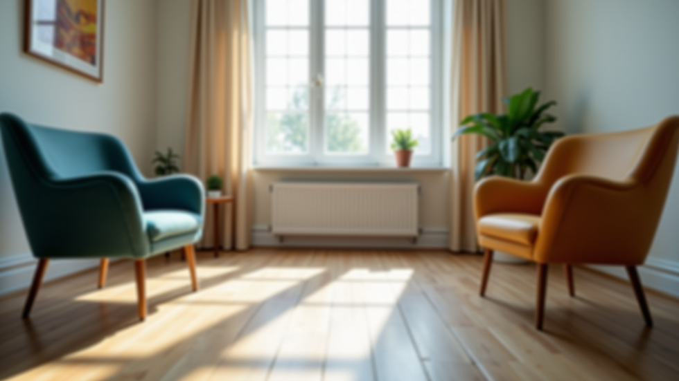 Eye-level view of a calm counselling room with comfortable chairs
