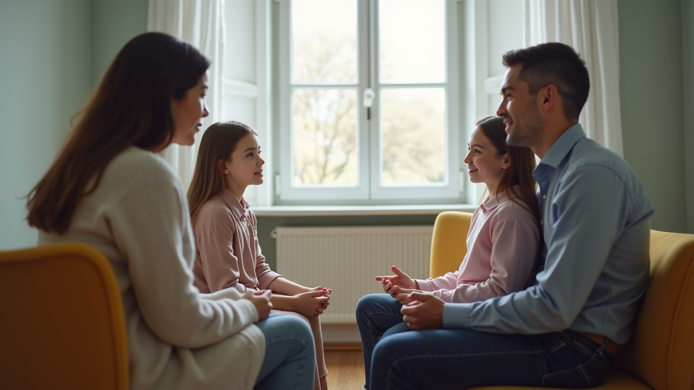 Eye-level view of a family sitting together in a counselling session