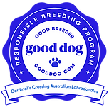 A blue-and-white scalloped round badge from Good Dog showcasing Cardinal's Crossing Australian Labradoodles as a Responsible Breeding Program.