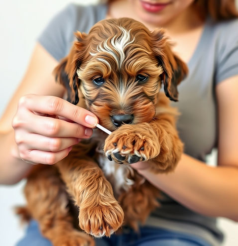 An Australian Labradoodle puppy is being held by a young woman doing an early neural stimu