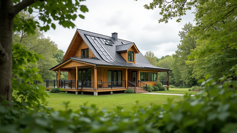 Eye-level view of a completed energy-efficient home surrounded by greenery
