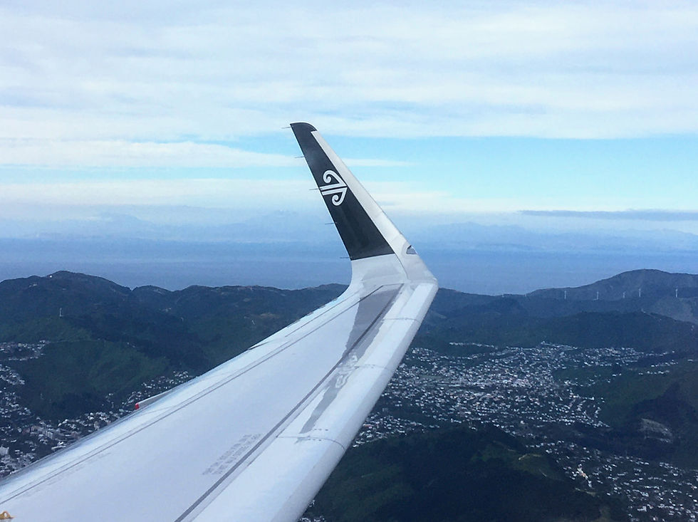 An Air NZ airplane wing in the skies over Wellington