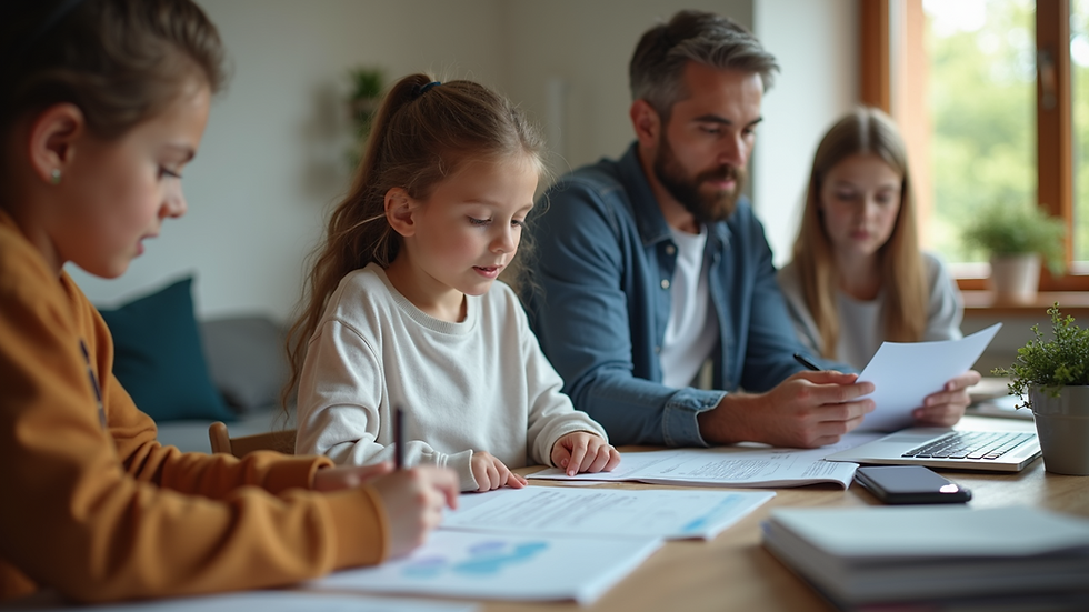 Close-up view of a family reviewing financial documents at home