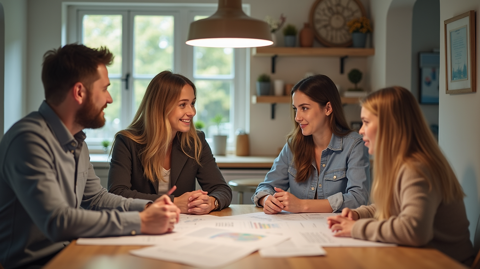 Eye-level view of a family discussing financial plans at a kitchen table