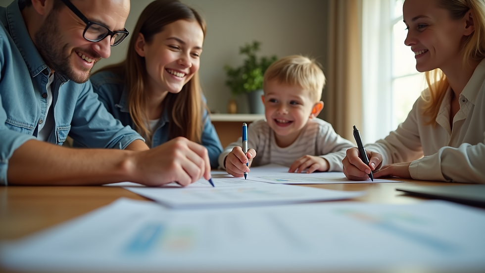 Eye-level view of a family reviewing financial documents at a kitchen table