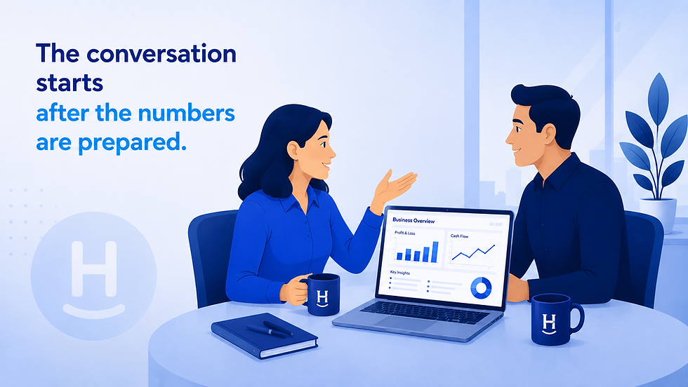 Accountant and business owner discussing financial results to understand what the numbers mean and what to do next.