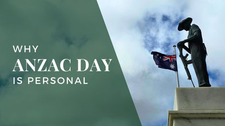 A silhouetted Australian soldier statue stands at attention beside a flagpole flying the Australian flag at half-mast, under a cloudy sky. The graphic text reads “Why ANZAC Day is Personal” on a green overlay — a tribute to the emotional significance of ANZAC Day.