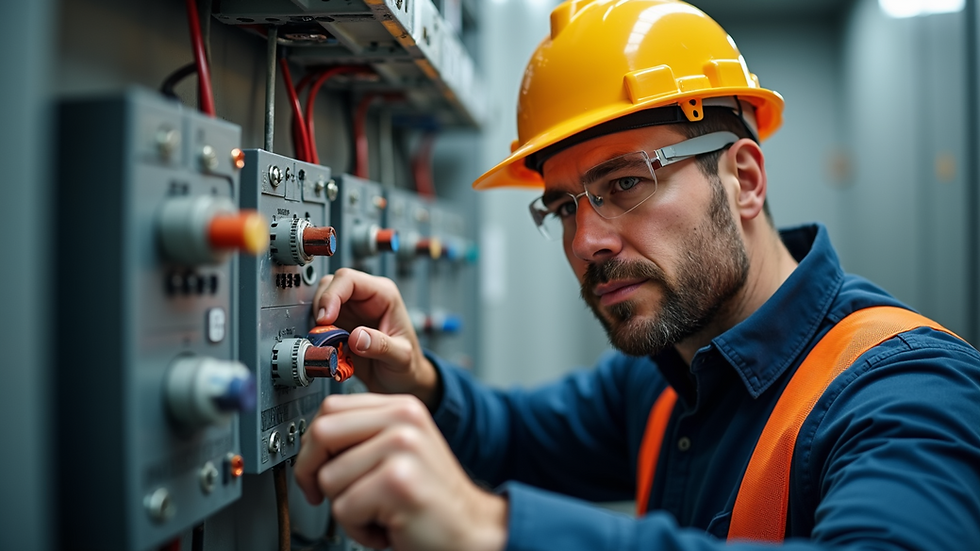 Eye-level view of a professional electrician working on electrical circuits