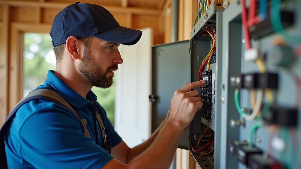 Eye-level view of a local electrician inspecting a residential electrical panel