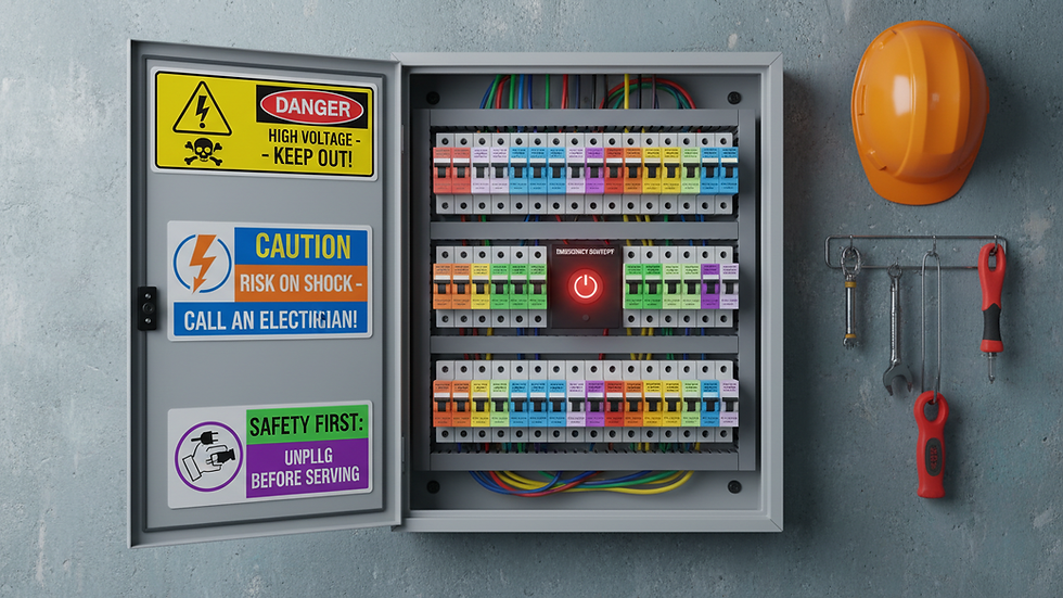 Eye-level view of an electrical panel with warning labels