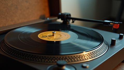 High angle view of a vintage vinyl record player symbolizing traditional music distribution methods.