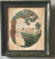 early American watercolor ca. 1820 of a young girl in a peaceful, bucolic scene.