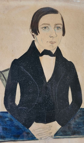 Jane A. Davis folk art watercolor portrait of a stylish gentleman at a table