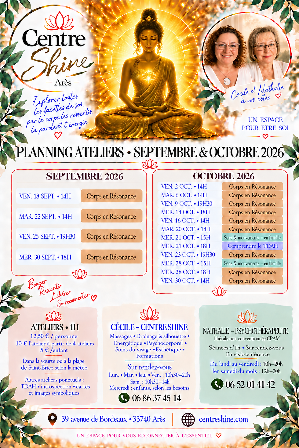 Programme des ateliers :Corps en Résonance, relaxation, mouvement, méditation...