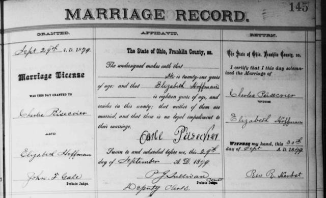 Marriage record for Charles Pusecker and Elizabeth Hoffman in Franklin County Ohio.