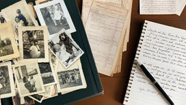 Old black-and-white photos scattered on a green album, alongside handwritten pages and documents on a wooden table, creating a nostalgic mood.