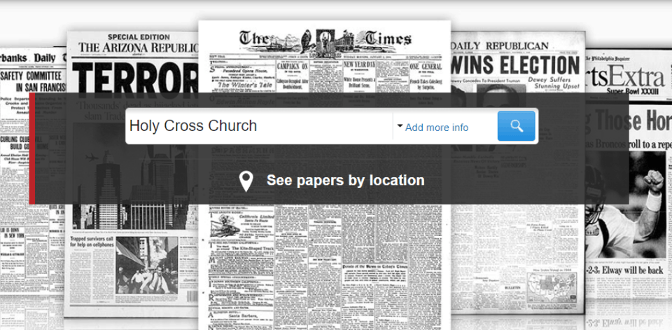 Snapshot of Newspapers.com and adding keywords to search box.