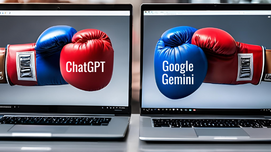 Two laptops display red and blue boxing gloves with "ChatGPT" and "Google Gemini" text, symbolizing competition. Gray background.