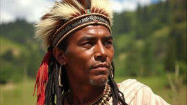 A person wearing a feathered headdress and necklaces gazes to the side in a grassy outdoor setting.