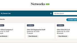 Dashboard displaying Ancestry networks: Ohio 133rd Company C, Regimental Staff, and VI Co K. Includes edit dates and member counts.