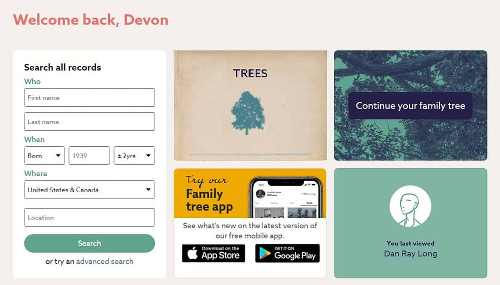 Screenshot of FindMyPast home page with tree-to-tree hint.