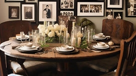 Table set with white flowers, candles, and plates on a wooden surface. Family photos in black frames adorn the wall, creating a nostalgic mood.