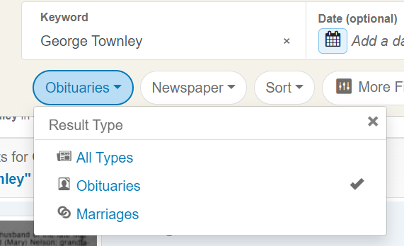Newspapers.com filter by obituary or marriage types