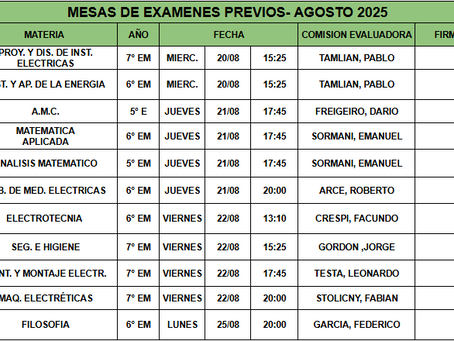 FECHAS DE MESAS DE EXAMEN - AGOSTO 2025