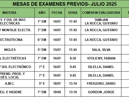 FECHAS MESAS DE EXAMENES PREVIOS - JULIO 2025