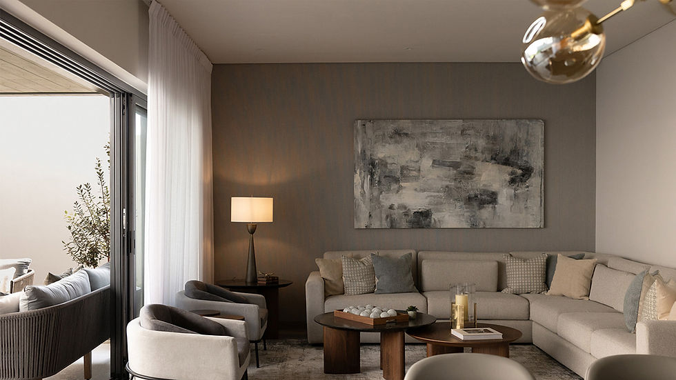 Contemporary living room with soft neutral furnishings, layered textures, and natural light, showcasing why homeowners trust residential interior design.