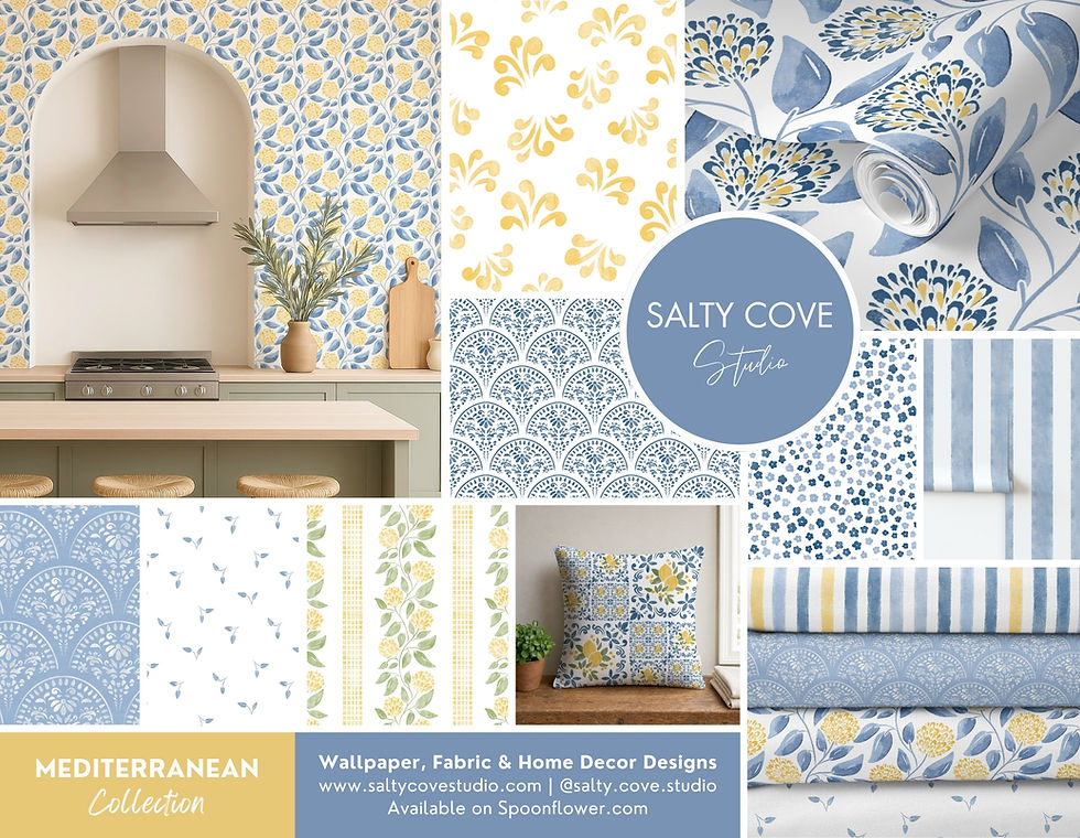 Mediterranean Collection by Salty Cove Studio. A collection of mediterranean inspired designs in soft blues and yellows featured on wallpaper, fabric and home decor.