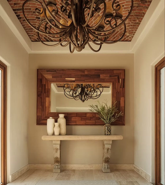 Recibidor con espejo de madera y lámpara de techo, ejemplo de interiorismo en casas que evolucionan con el tiempo.