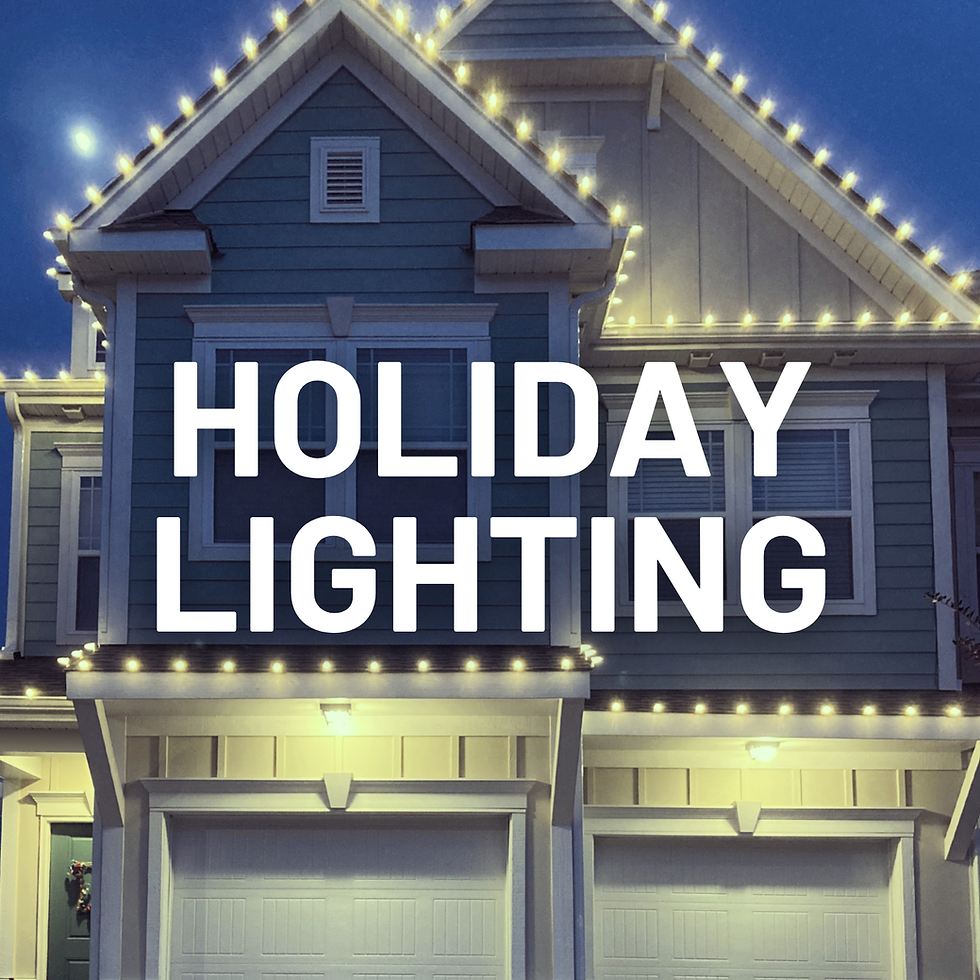 Holiday Lighting text on top of an image of a home's roofline lit in pretty white Christmas Lights